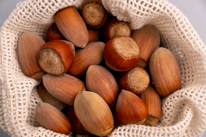 Hazelnuts in a textile bag