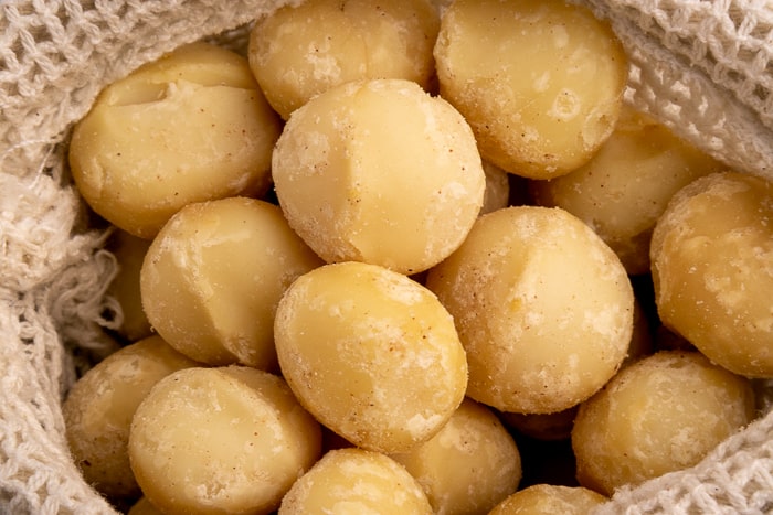 Macadamia nuts in a textile bag